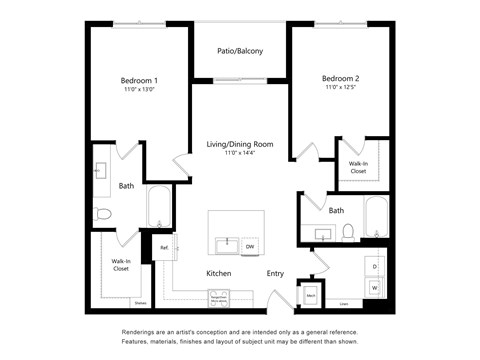 A floor plan of a house with two bedrooms, a living room, a kitchen, a bathroom, and a walk-in closet.